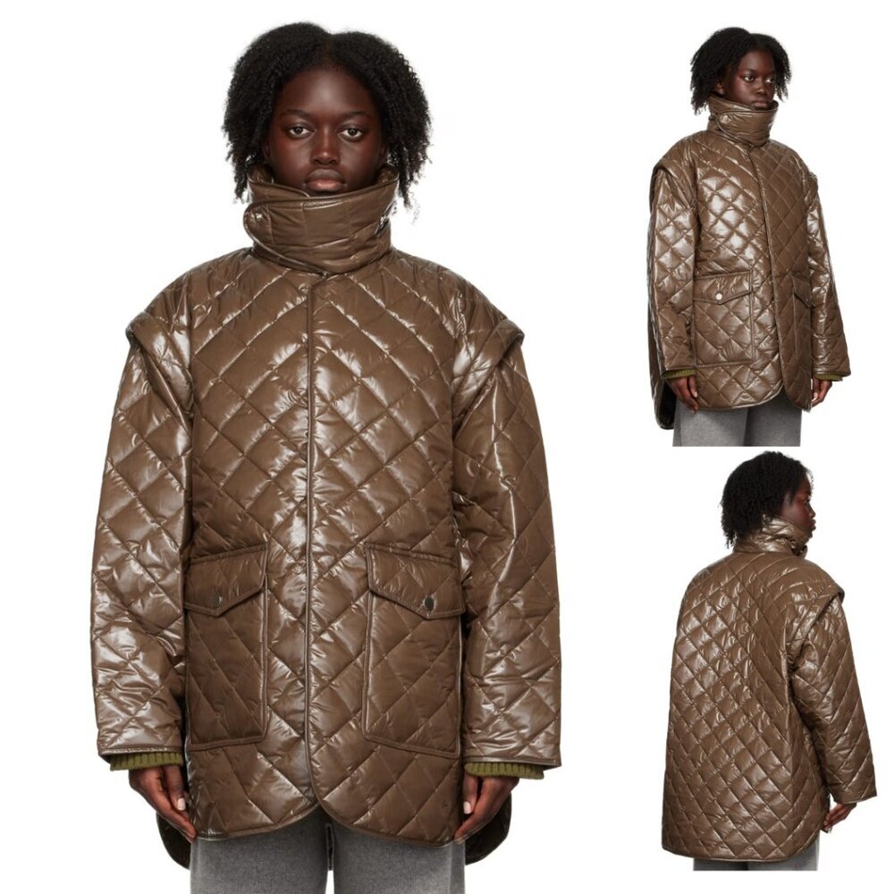 Unisex Trunk Project Brown Quilted Oversized Jacket with Removable sleeves - XS